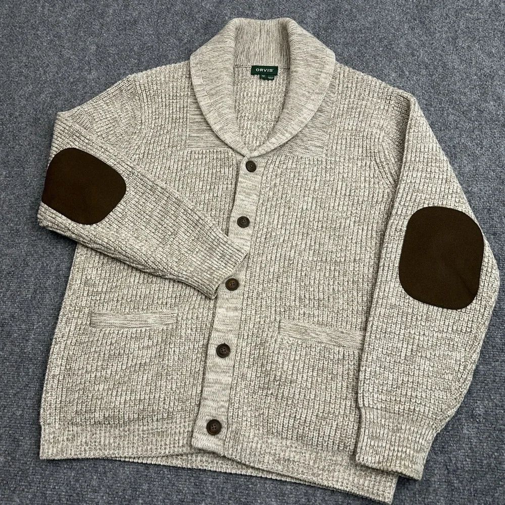NEW Orvis Wool Cardigan Sweater Men's Medium Beige Shawl Collar Elbow Patches